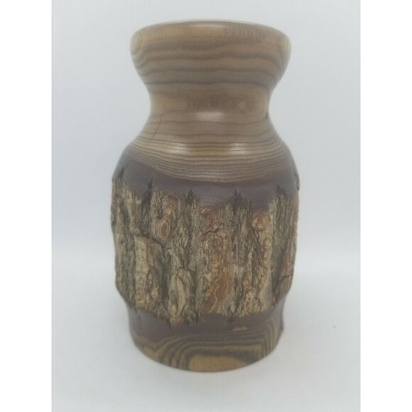Hand Crafted Lathe Turned Mesquite Wood Vessel with Natural Bark Artist Signed - Picture 2 of 10